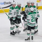 Feb 8, 2025; San Jose, California, USA; Dallas Stars center Matt Duchene (95) celebrates with defenseman Thomas Harley (55), center Wyatt Johnston (53), center Roope Hintz (24) and left wing Jason Robertson (21) after scoring a goal against the San Jose Sharks during the second period at SAP Center at San Jose. Mandatory Credit: Robert Edwards-Imagn Images