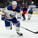Oct 1, 2026; Columbus, Ohio, USA; Buffalo Sabres defenseman Rasmus Dahlin (26) skates for the puck against the Buffalo Sabres in the second period at Nationwide Arena.