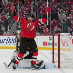 Oct 1, 2026; Newark, New Jersey, USA; New Jersey Devils right wing Anthony Mantha (39) celebrates a goal by New Jersey Devils defenseman Dougie Hamilton (7) (not shown) against the Philadelphia Flyers during the second period at Prudential Center