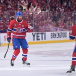 May 25, 2026; Montreal, Quebec, CAN; Montreal Canadiens defenseman Mike Matheson (8) reacts after a goal during the first period against the Carolina Hurricanes in game three of the Eastern Conference Final of the 2026 Stanley Cup Playoffs at Bell Centre.