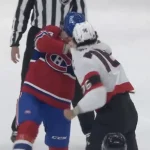 L'espoir du Canadien de Montréal, Tyler Thorpe, qui jette les gants.