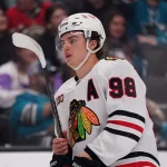 Apr 6, 2026; San Jose, California, USA; Chicago Blackhawks center Connor Bedard (98) waits for play to resume during a game against the San Jose Sharks in the second period at SAP Center at San Jose.