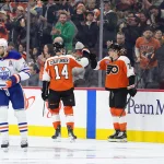 Oilers trade would land Flyers captain Sean Couturier, but there's a catch Feb 22, 2025; Philadelphia, Pennsylvania, USA; Philadelphia Flyers right wing Owen Tippett (74) celebrates with center Sean Couturier (14) after scoring a goal against the Edmonton Oilers in the second period at Wells Fargo Center. Mandatory Credit: Kyle Ross-Imagn Images