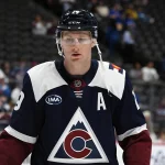 Oct 3, 2026; Denver, Colorado, USA; Colorado Avalanche center Nathan MacKinnon (29) warms up before the game against the St. Louis Blues at Ball Arena.