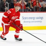 Dec 16, 2025; Detroit, Michigan, USA; Detroit Red Wings defenseman Simon Edvinsson (77) skates with the puck in the second period against the New York Islanders at Little Caesars Arena. :