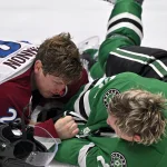 Roope Hintz's first NHL fight leaves Nathan MacKinnon bloodied - but Avalanche get the last laugh Oct 13, 2026; Dallas, Texas, USA; Colorado Avalanche center Nathan MacKinnon (29) fights with Dallas Stars center Roope Hintz (24) during the second period at the American Airlines Center. Mandatory Credit: Jerome Miron-Imagn Images