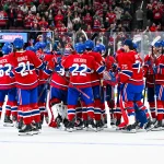 Oct 13, 2026; Montreal, Quebec, CAN; Montreal Canadiens players gather together to celebrate their win after the end of the game against the Buffalo Sabres at Bell Centre.