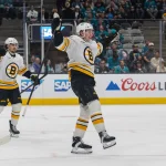 Oct 13, 2026; San Jose, California, USA; Boston Bruins center Fraser Minten (93) celebrates after scoring a goal during the third period against the San Jose Sharks at SAP Center at San Jose.