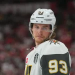 Jun 4, 2026; Raleigh, North Carolina, USA; Vegas Golden Knights right wing Mitch Marner (93) looks on against the Carolina Hurricanes during the warmups before the game in game two of the 2026 Stanley Cup Final at Lenovo Center.