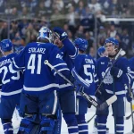 Oct 6, 2026; Toronto, Ontario, CAN; Toronto Maple Leafs center Auston Matthews (34) celebrates the win with goaltender Anthony Stolarz (41) against the Nashville Predators at the end of the overtime period at Scotiabank Arena.