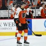 Sep 30, 2026; Philadelphia, Pennsylvania, USA; Philadelphia Flyers right wing Travis Konecny (11) skates off the ice after loss to the Pittsburgh Penguins at Xfinity Mobile Arena.