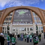 Apr 20, 2026; Dallas, Texas, USA; An exterior view of the arena and the fans before the game between the Dallas Stars and the Minnesota Wild in game two of the first round of the 2026 Stanley Cup Playoffs at American Airlines Center. Mandatory Credit: Jerome Miron-Imagn Images