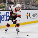 Oct 5, 2026; Boston, Massachusetts, USA; Ottawa Senators left wing William Eklund (27) controls the puck behind the goal line during the second period against the Boston Bruins at TD Garden.