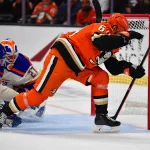Oct 7, 2026; Anaheim, California, USAAnaheim Ducks center Mikael Granlund (64) misses a shot on goal against Edmonton Oilers goalie Devon Levi (27) during the third period at Honda Center.