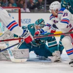 Nov 19, 2022; San Jose, California, USA; San Jose Sharks goaltender James Reimer (47) makes a save on the shot by New York Rangers center Ryan Carpenter (22) during the first period at SAP Center at San Jose. Mandatory Credit: Neville E. Guard-USA TODAY Sports