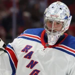 Oct 9, 2026; Washington, District of Columbia, USA; New York Rangers goaltender Dylan Garand (33) skates on the ice during a stoppage in play against the Washington Capitals at Capital One Arena.