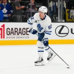 Oct 8, 2026; Las Vegas, Nevada, USA; Toronto Maple Leafs left wing Gavin McKenna (92) warms up against the Vegas Golden Knights at T-Mobile Arena.