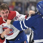 Blessure au bas du corps annoncée pour Florian Xhekaj : le Canadien confirme la durée de son absence 19 septembre 2026 ; Toronto, Ontario, Canada ; Le défenseur des Canadiens de Montréal, Florian Xhekaj (63), se bat avec le défenseur des Maple Leafs de Toronto, Marshall Rifai (83), au cours de la deuxième période à la Scotiabank Arena.