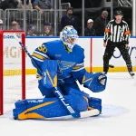 Oct 10, 2026; St. Louis, Missouri, USA; St. Louis Blues goaltender Jordan Binnington (50) defends the net against the Columbus Blue Jackets during the first period at Enterprise Center.