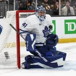 Mar 24, 2026; Boston, Massachusetts, USA; Toronto Maple Leafs goaltender Anthony Stolarz (41) makes a save off his chest during the second period against the Boston Bruins at TD Garden.