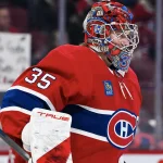 Transaction pour un gardien chez les Rangers: Pierre LeBrun évoque le nom de Samuel Montembeault 26 février 2026 ; Montréal, Québec, Canada ; Le gardien des Canadiens de Montréal, Samuel Montembeault (35), observe l\'échauffement avant le match contre les Islanders de New York au Centre Bell.