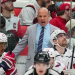 Oct 2, 2026; Raleigh, North Carolina, USA; Washington Capitals head coach Spencer Carbery reacts against the Carolina Hurricanes during the third period at Lenovo Center.