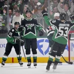 Apr 20, 2026; Dallas, Texas, USA; Dallas Stars center Colin Blackwell (15) and center Oskar Back (10) \and center Wyatt Johnston (53) celebrates a goal scored by Johnston against the Minnesota Wild during the first period in game two of the first round of the 2026 Stanley Cup Playoffs at American Airlines Center.