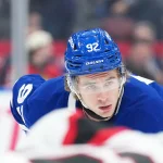 Oct 3, 2026; Toronto, Ontario, CAN; Toronto Maple Leafs left wing Gavin McKenna (92) waits for the face-off against the Ottawa Senators during the third period at Scotiabank Arena.