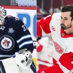 Oct 10, 2026; Montreal, Quebec, CAN; Detroit Red Wings center Dylan Larkin (71) shoots a puck during warm-up before the game against the Montreal Canadiens at Bell Centre.  Apr 6, 2026; Winnipeg, Manitoba, CAN; Winnipeg Jets goaltender Connor Hellebuyck (37) warms up before a game against the Seattle Kraken at Canada Life Centre.