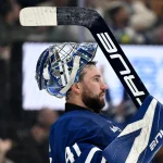 Sep 30, 2026; Toronto, Ontario, CAN; Toronto Maple Leafs goalie Anthony Stolarz (41) during a time out against the New York Islanders in the second period at Scotiabank Arena.