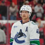 Oct 8, 2026; Raleigh, North Carolina, USA; Vancouver Canucks center Elias Pettersson (40) comes off the ice after their loss to the Carolina Hurricanes at Lenovo Center.