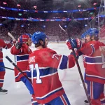 May 10, 2026; Montreal, Quebec, CAN; Montreal Canadiens forward Alex Newhook (15) celebrates with teammates after scoring a goal against the Buffalo Sabres during the first period in game three of the second round of the 2026 Stanley Cup Playoffs at the Bell Centre.