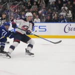 Dec 14, 2023; Toronto, Ontario, CAN; Columbus Blue Jackets defeneseman Zach Werenski (8) gets off a shot on Toronto Maple Leafs goaltender Ilya Samsonov (35) as defenseman Morgan Rielly (44) chases during the overtime at Scotiabank Arena.