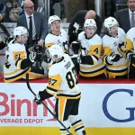 Oct 13, 2026; Chicago, Illinois, USA; Pittsburgh Penguins center Sidney Crosby (87) celebrates with teammates after Crosby scored a goal against the Chicago Blackhawks during the third period at United Center.