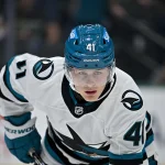 Oct 5, 2026; Dallas, Texas, USA; San Jose Sharks left wing Ivar Stenberg (41) looks on during the game against the Dallas Stars at the American Airlines Center.
