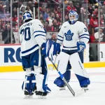 Sep 19, 2026; Montreal, Quebec, CAN; Toronto Maple Leafs goalie Samuel Hlavaj (31) takes over for goalie Artur Akhtyamov (70) against the Montreal Canadiens during the second period at Bell Centre.