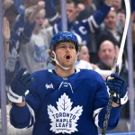 Sep 29, 2026; Toronto, Ontario, CAN; Toronto Maple Leafs forward William Nylander (88) celebrates after scoring a goal against the Montreal Canadiens in the first period at Scotiabank Arena.