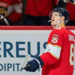 Oct 15, 2026; Sunrise, Florida, USA; Florida Panthers left wing Brady Tkachuk (8) looks on after scoring against the Vancouver Canucks during the third period at Amerant Bank Arena.