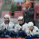 Oct 15, 2026; Sunrise, Florida, USA; Vancouver Canucks head coach Manny Malhotra reacts from the bench against the Florida Panthers during the third period at Amerant Bank Arena.