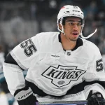 Oct 3, 2026; San Jose, California, USA; Los Angeles Kings right wing Quinton Byfield (55) warms up before a game against the San Jose Sharks at SAP Center at San Jose.