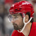 Oct 17, 2026; Detroit, Michigan, USA; Detroit Red Wings center Dylan Larkin (71) looks on during the second period against the San Jose Sharks at Little Caesars Arena.