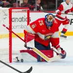 Sep 22, 2026; Raleigh, North Carolina, USA; Florida Panthers goaltender Jacob Markstrom (25) stops the shot against the Carolina Hurricanes during the first period at Lenovo Center.