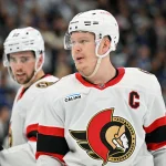 Apr 22, 2025; Toronto, Ontario, CAN; Ottawa Senators forward Brady Tkachuk (7) speaks with forward Drake Batherson (19) in the second period against the Toronto Maple Leafs in game two of the first round of the 2025 Stanley Cup Playoffs at Scotiabank Arena.