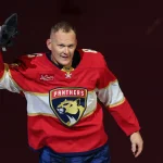 Oct 15, 2026; Sunrise, Florida, USA; Florida Panthers left wing Brady Tkachuk (8) celebrates after the game agains the Vancouver Canucks at Amerant Bank Arena.