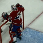 Le gardien du Canadien de Montréal, Jakub Dobes, face aux Sharks de San Jose au Centre Bell.