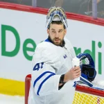 Sep 23, 2026; Ottawa, Ontario, CAN; Toronto Maple Leafs goalie Anthony Stolarz (41) looks up the ice during a break in the third period against the Ottawa Senators at the Canadian Tire Centre.
