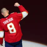 Oct 15, 2026; Sunrise, Florida, USA; Florida Panthers left wing Brady Tkachuk (8) celebrates after the game agains the Vancouver Canucks at Amerant Bank Arena.