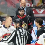 Oct 21, 2026; Ottawa, Ontario, CAN; Florida Panthers left wing Brady Tkachuk (8) has an exchange with Ottawa Senators center Dylan Cozens (24) in the third period at the Canadian Tire Centre. Mandatory Credit: Marc DesRosiers-Imagn