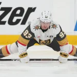 Jun 2, 2026; Raleigh, North Carolina, USA; Vegas Golden Knights right wing Mitch Marner (93) warms up before a game against the Carolina Hurricanes in game one of the 2026 Stanley Cup Final at Lenovo Center.
