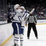 Oct 20, 2026; Columbus, Ohio, USA; Toronto Maple Leafs defenseman Marshall Rifai (83) celebrates his goal against the Columbus Blue Jackets during the third period at Nationwide Arena.